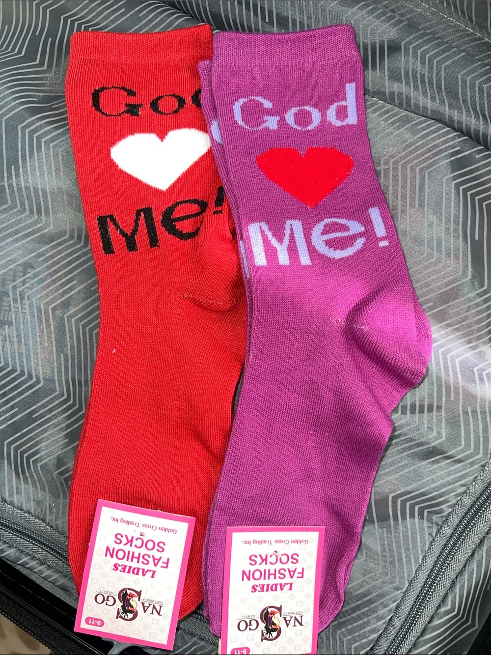 Ladies Fashion Socks - Red & Purple "God ♥ Me!" Novelty Crew Socks